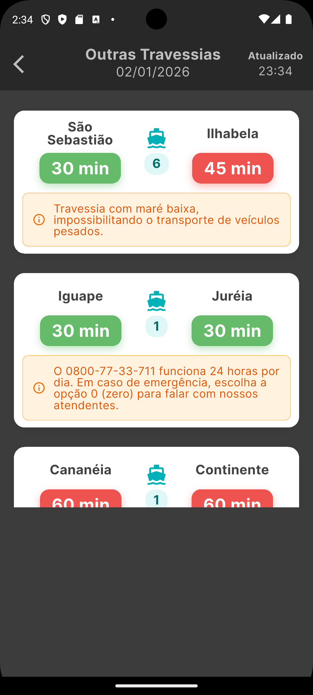 Detalhes da travessia